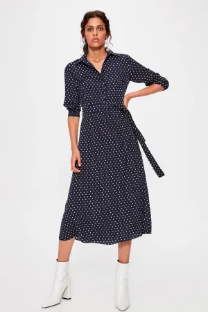 13064 Navy Blue Polka Dot Tie Waist Dress