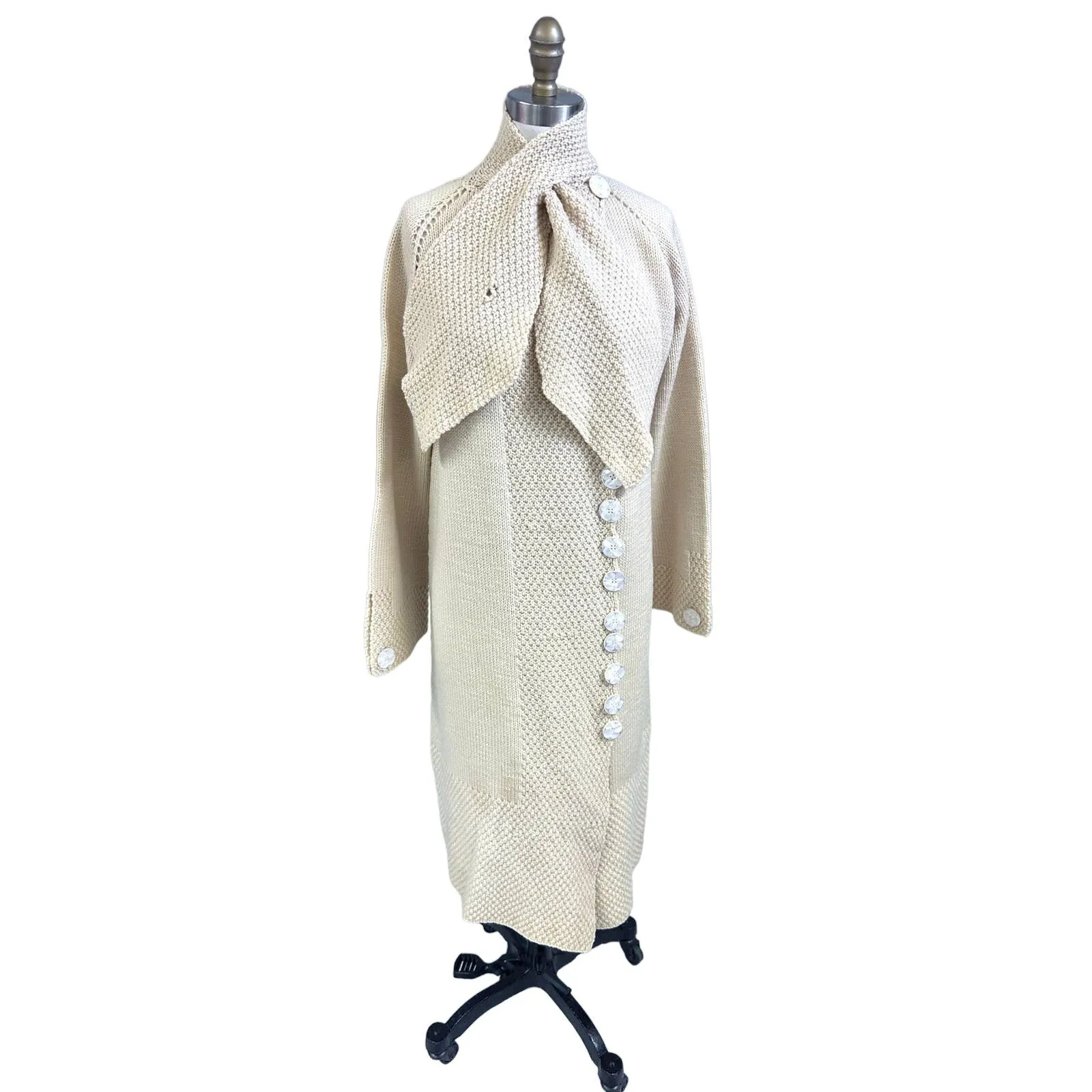 1920s Womens Long Hand Knit Wool Sweater Coat MOP Buttons Asymmetrical Sz M/L