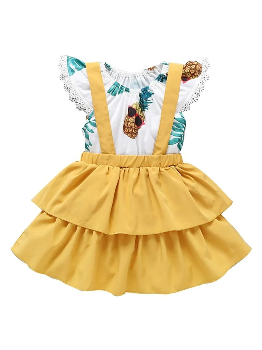 2-Piece Baby Clothes Off Shoulder Pineapple Print Flutter Sleeve Jumpsuit Matching Yellow Jumper Skirt Summer