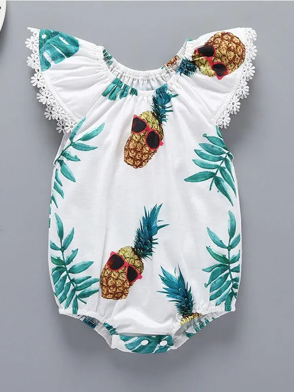 2-Piece Baby Clothes Off Shoulder Pineapple Print Flutter Sleeve Jumpsuit Matching Yellow Jumper Skirt Summer