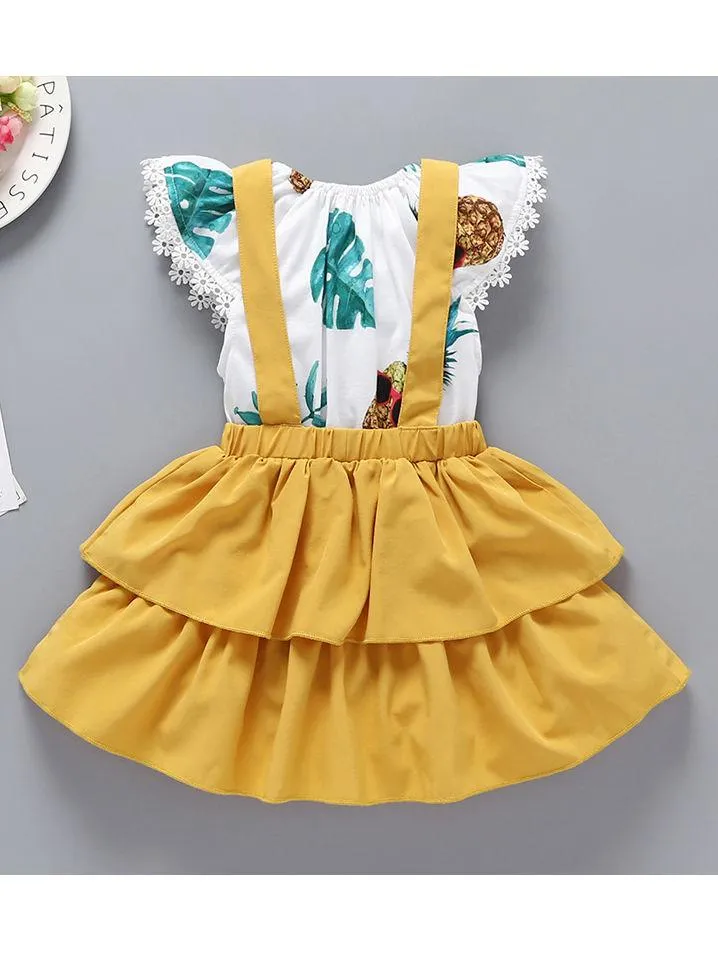 2-Piece Baby Clothes Off Shoulder Pineapple Print Flutter Sleeve Jumpsuit Matching Yellow Jumper Skirt Summer