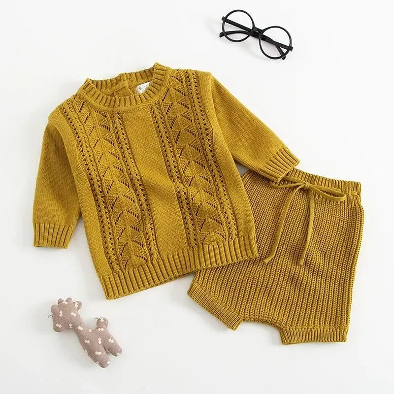 2-piece Outfit Set Cotton Knitted Pierced Long Sleeves Top and Shorts White and Yellow