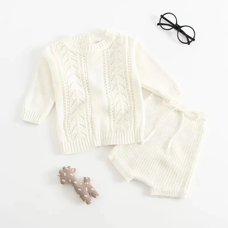 2-piece Outfit Set Cotton Knitted Pierced Long Sleeves Top and Shorts White and Yellow