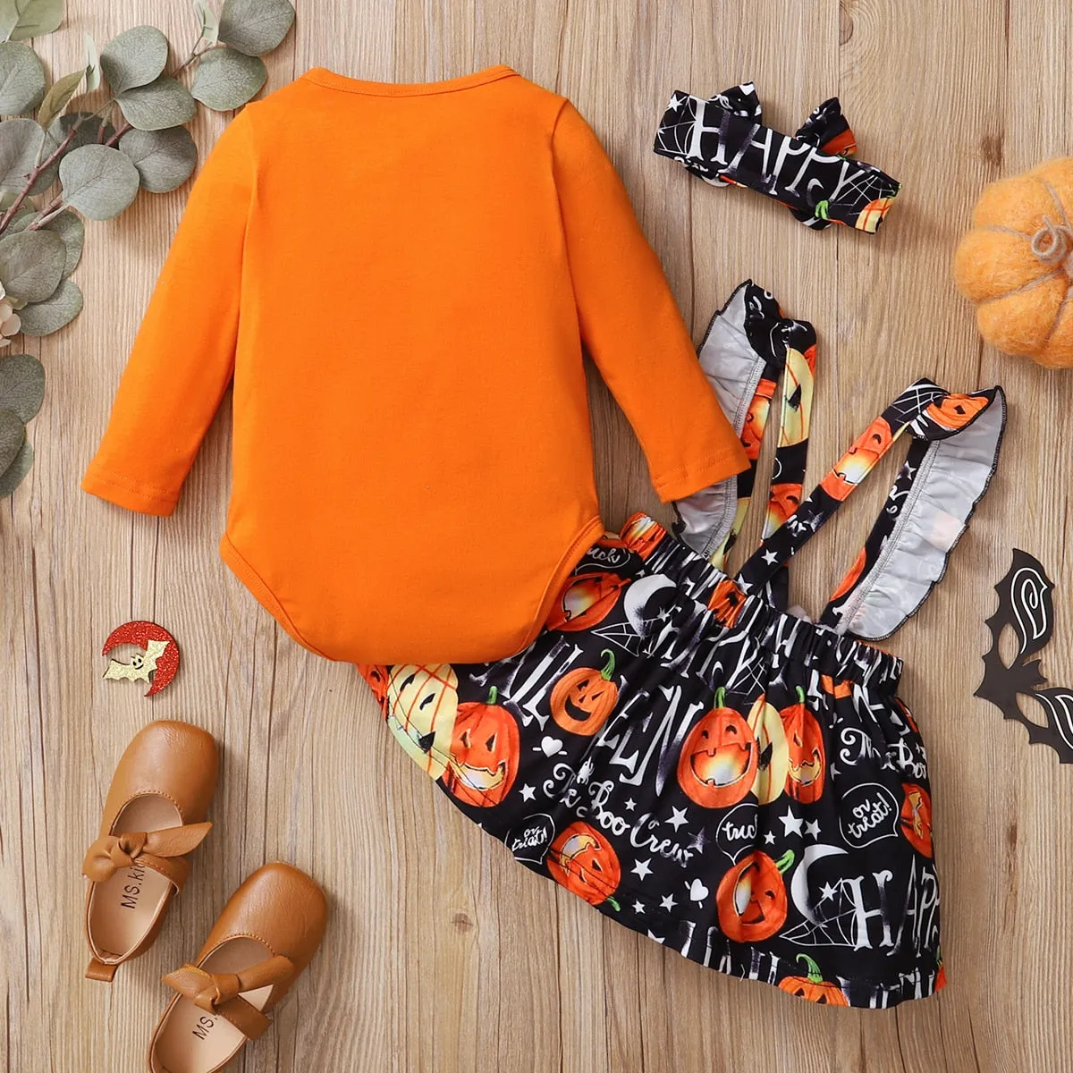 2PCS Halloween Pumpkin Print Long-sleeve Baby Skirt Set with Headband