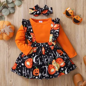 2PCS Halloween Pumpkin Print Long-sleeve Baby Skirt Set with Headband