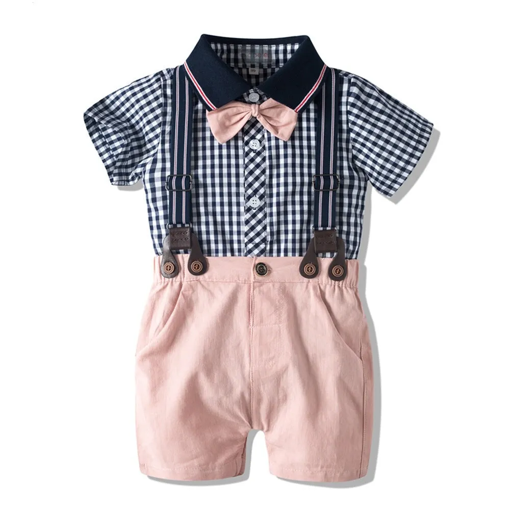 2PCS Toddler Boys Bowtie Short Sleeves Baby Outfit Set Baby Romper Suspender Set