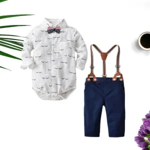 4 Pieces Romper Pants Outfit Set Bow Tie Romper Shirt and Adjustable Shoulder Straps Blue Pants