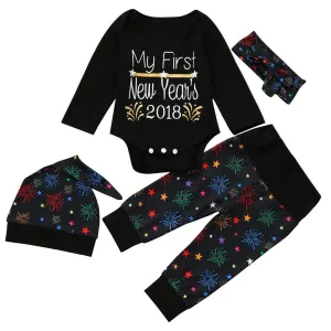 4pcs Baby Christmas Set Fireworks Long Sleeve Romper Pants Hat Headband