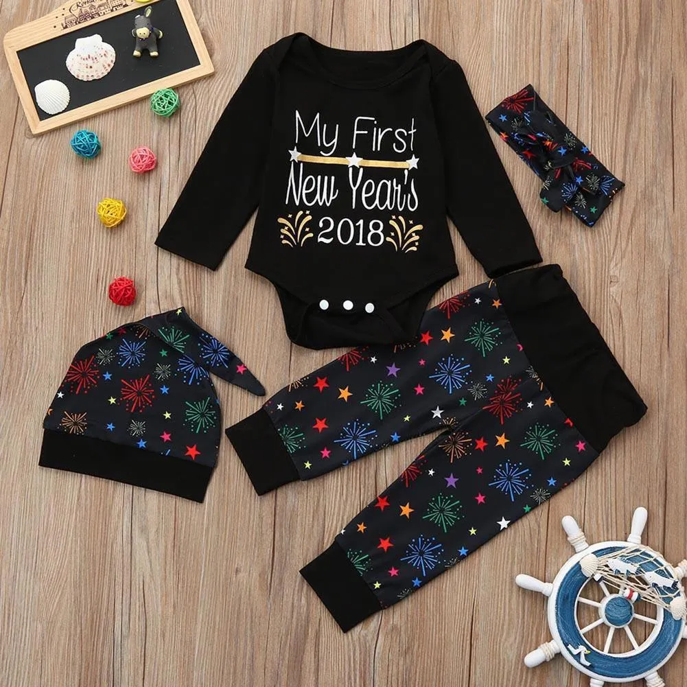 4pcs Baby Christmas Set Fireworks Long Sleeve Romper Pants Hat Headband