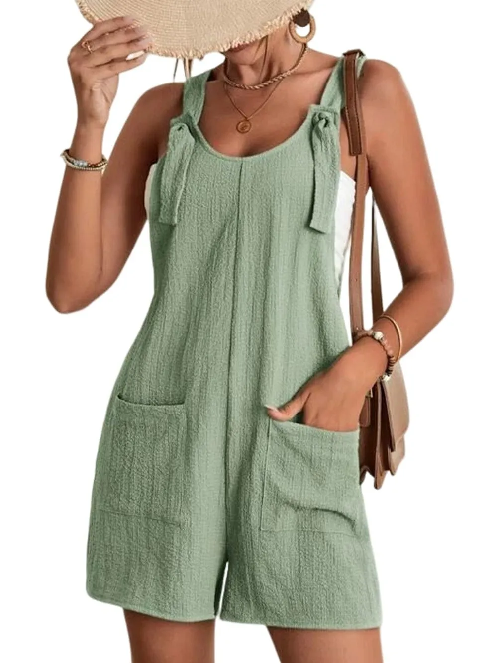 Adjustable Strap Green Textured Romper with Pockets