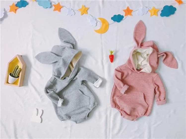 Adorable Baby Bunny Ear Solid Color Hooded Onesie