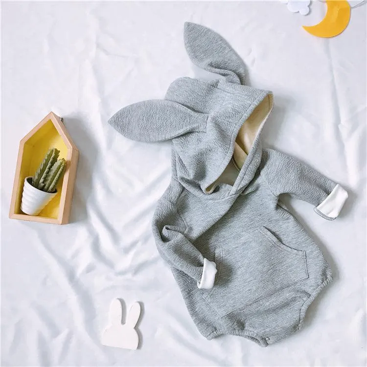 Adorable Baby Bunny Ear Solid Color Hooded Onesie