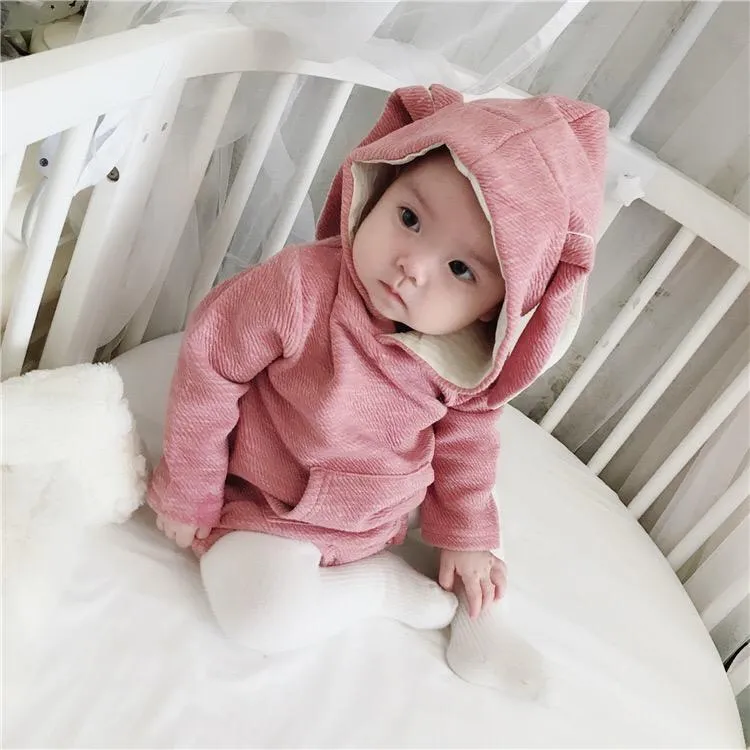 Adorable Baby Bunny Ear Solid Color Hooded Onesie