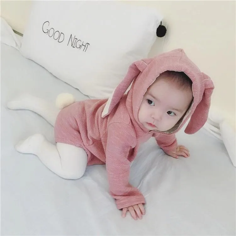 Adorable Baby Bunny Ear Solid Color Hooded Onesie