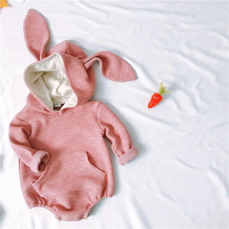 Adorable Baby Bunny Ear Solid Color Hooded Onesie