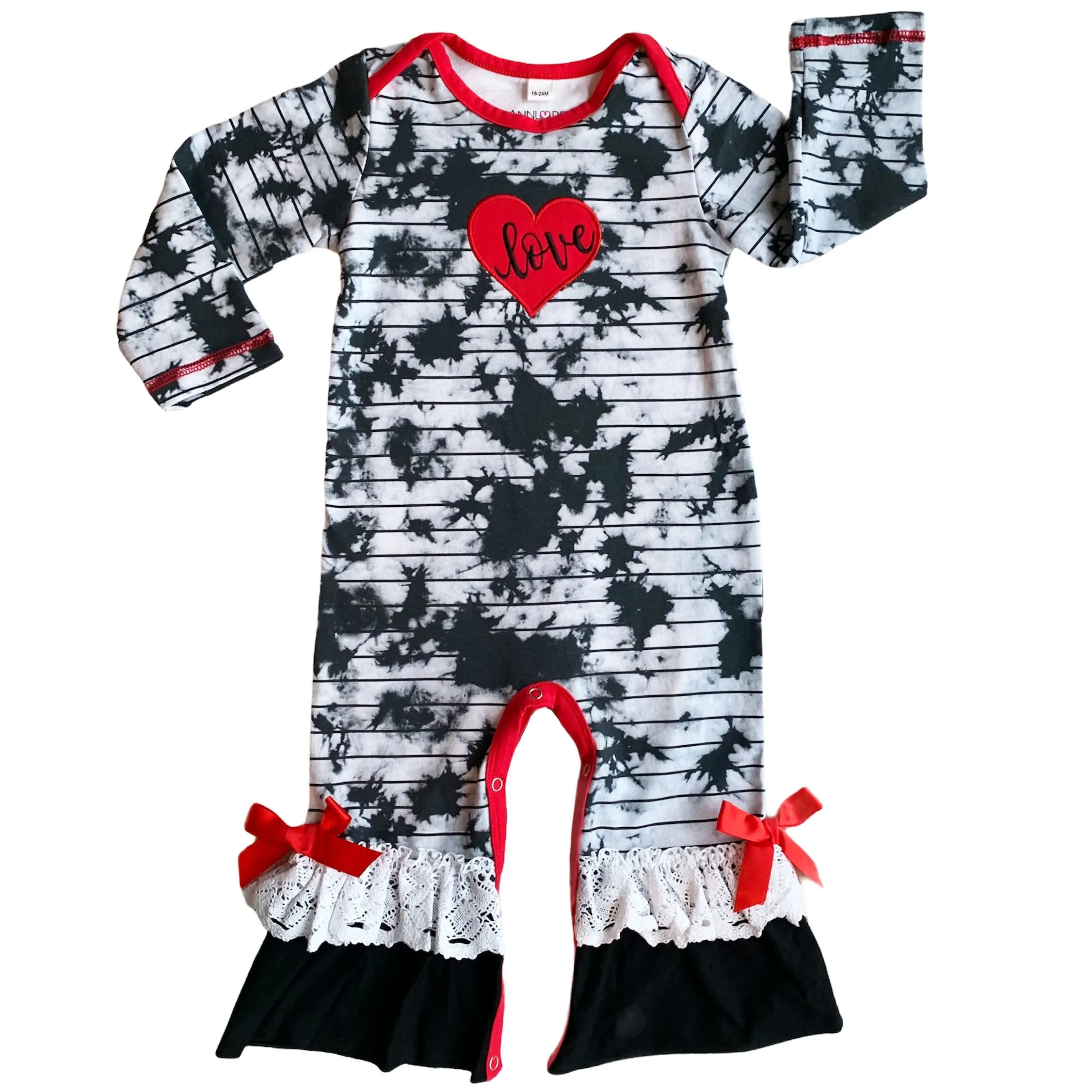 AnnLoren Baby Girls Tie Dye Heart Long Sleeve Romper Valentine's Day