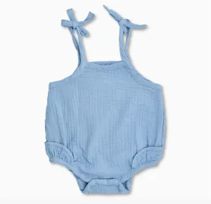 Apple Park Muslin Ruffle Romper With Ties (Blue)