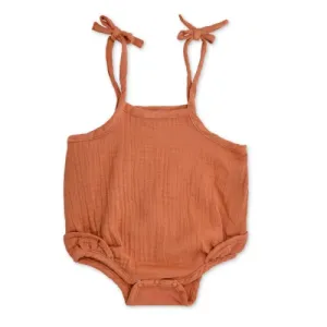 Apple Park Muslin Ruffle Romper With Ties (Rust)