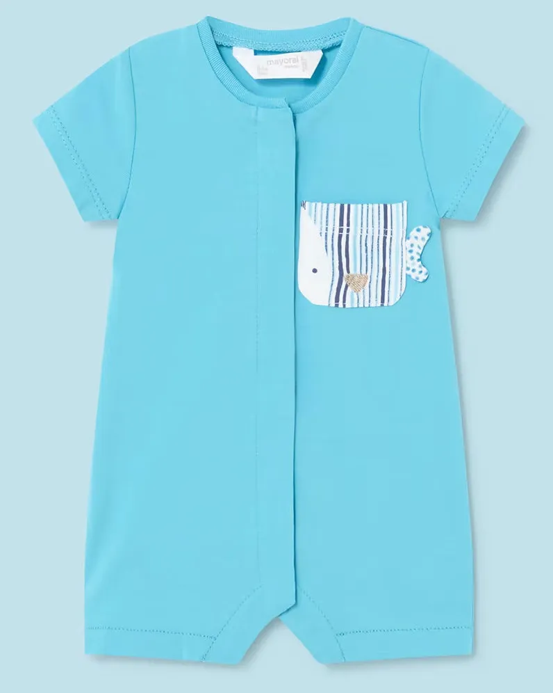 Aqua Blue Romper with Fish Pocket