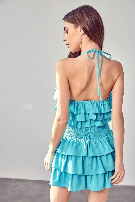 Aqua Blue Smocked Waist Ruffle Romper