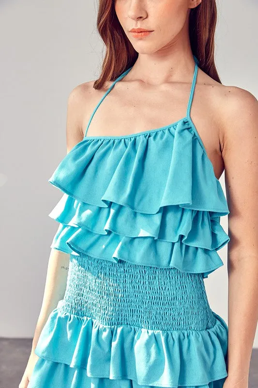 Aqua Blue Smocked Waist Ruffle Romper