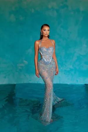 Aqua Floral Embroidered Gown with Layered Tulle Cape