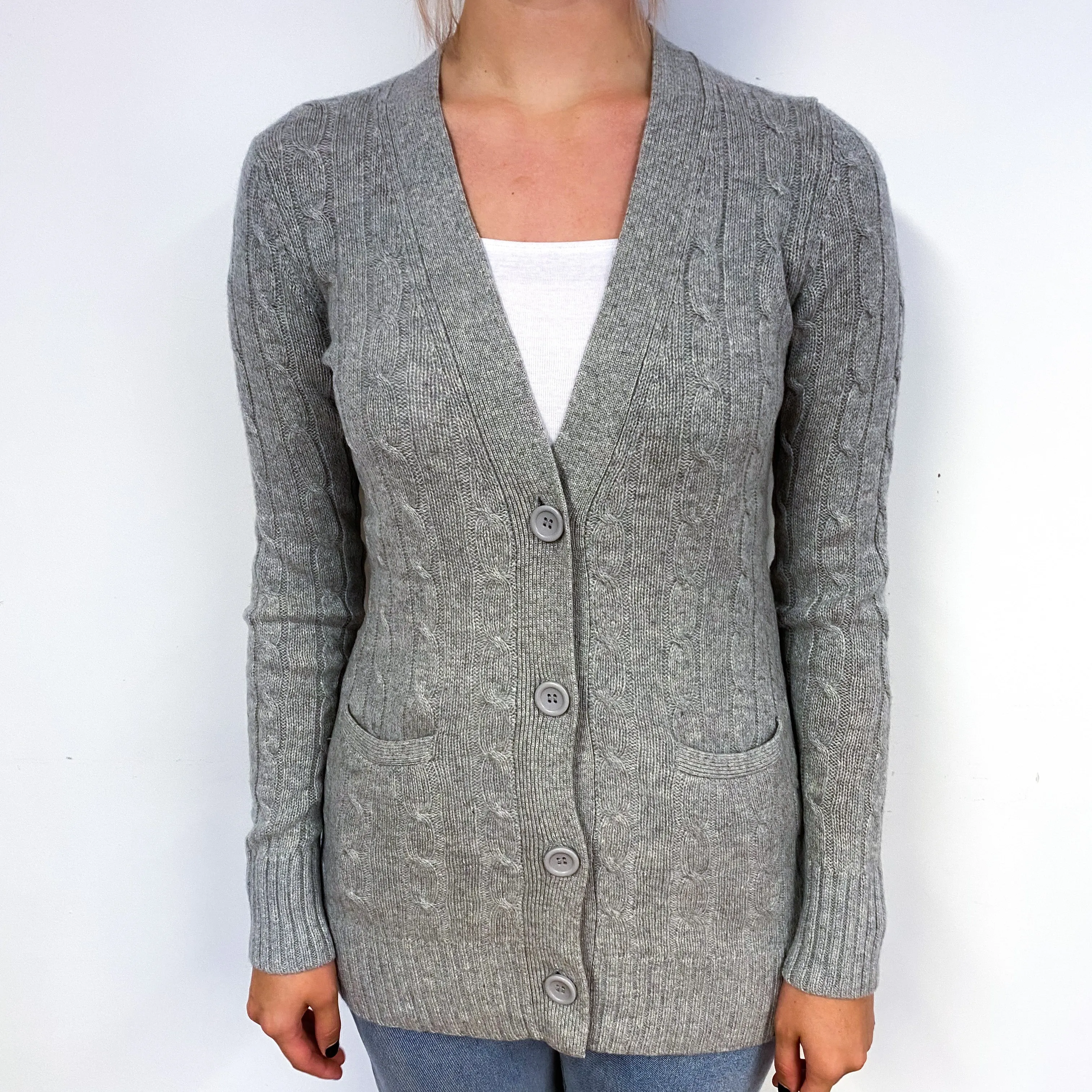 Ash Grey Cable Cashmere Long V-Neck Cardigan Small.