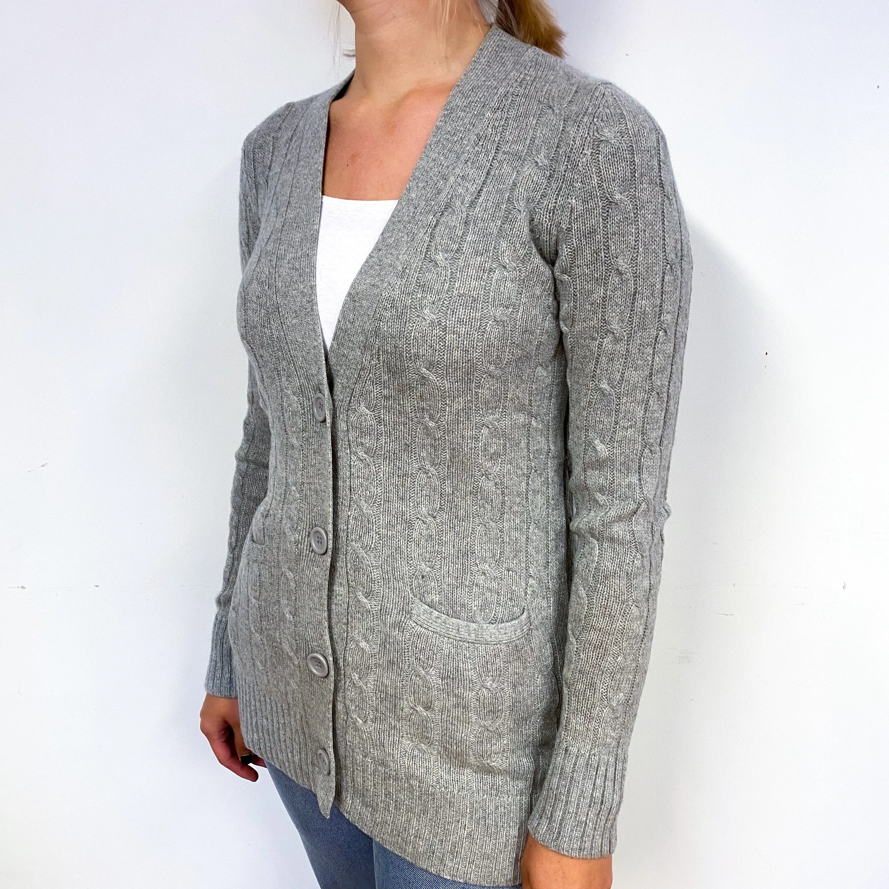 Ash Grey Cable Cashmere Long V-Neck Cardigan Small.