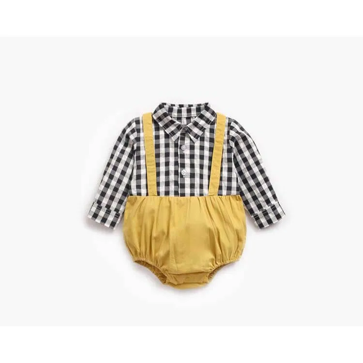 Baby Boy Cotton Shirt Romper with Attached Suspenders