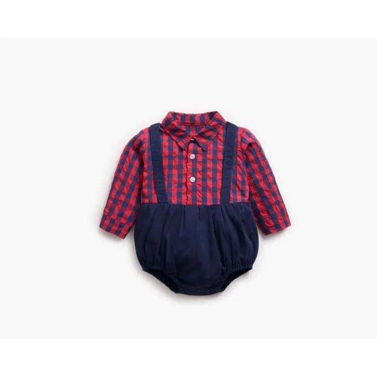 Baby Boy Cotton Shirt Romper with Attached Suspenders