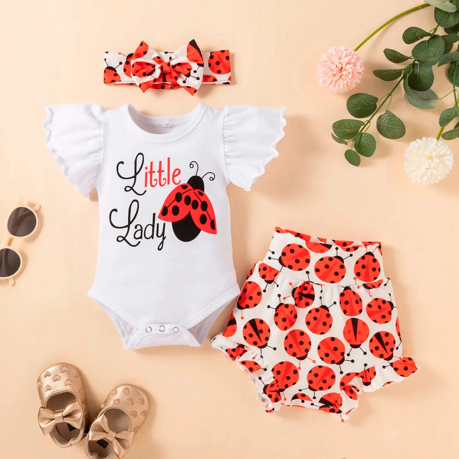 Baby Boys Girls Clothes Sets Fly Sleeve Bodysuit Tops Cartoon Shorts Pants Headband 3PCS Clothes Set Outfits 0-2 Years Infant