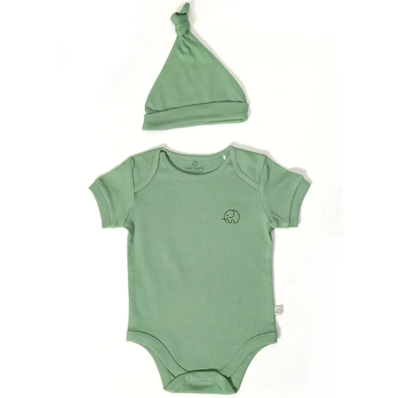 Baby Ellie Short Sleeves Bodysuit With Organic Cotton Cap - Mineral Green