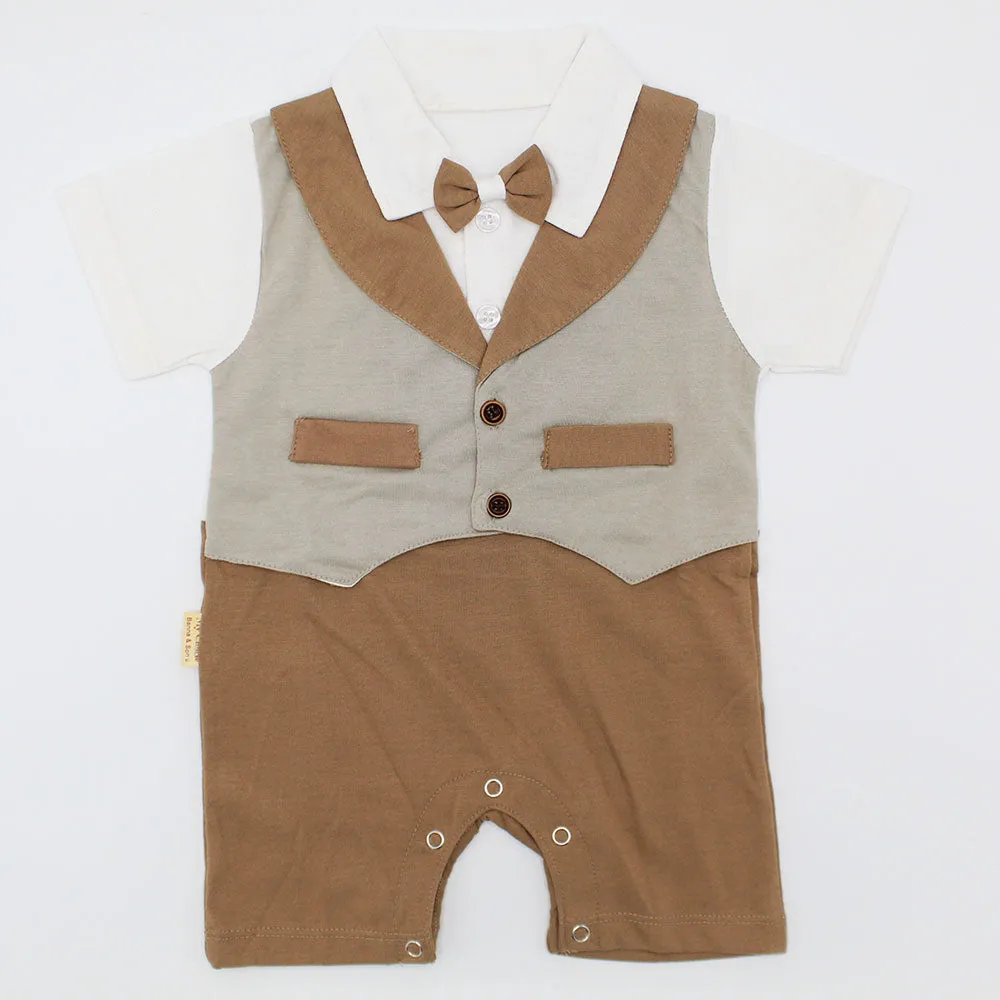 Baby Gentleman Waistcoat Style Bow-tie Two Colored Half Sleeve Romper Bodysuit for 0-12 months