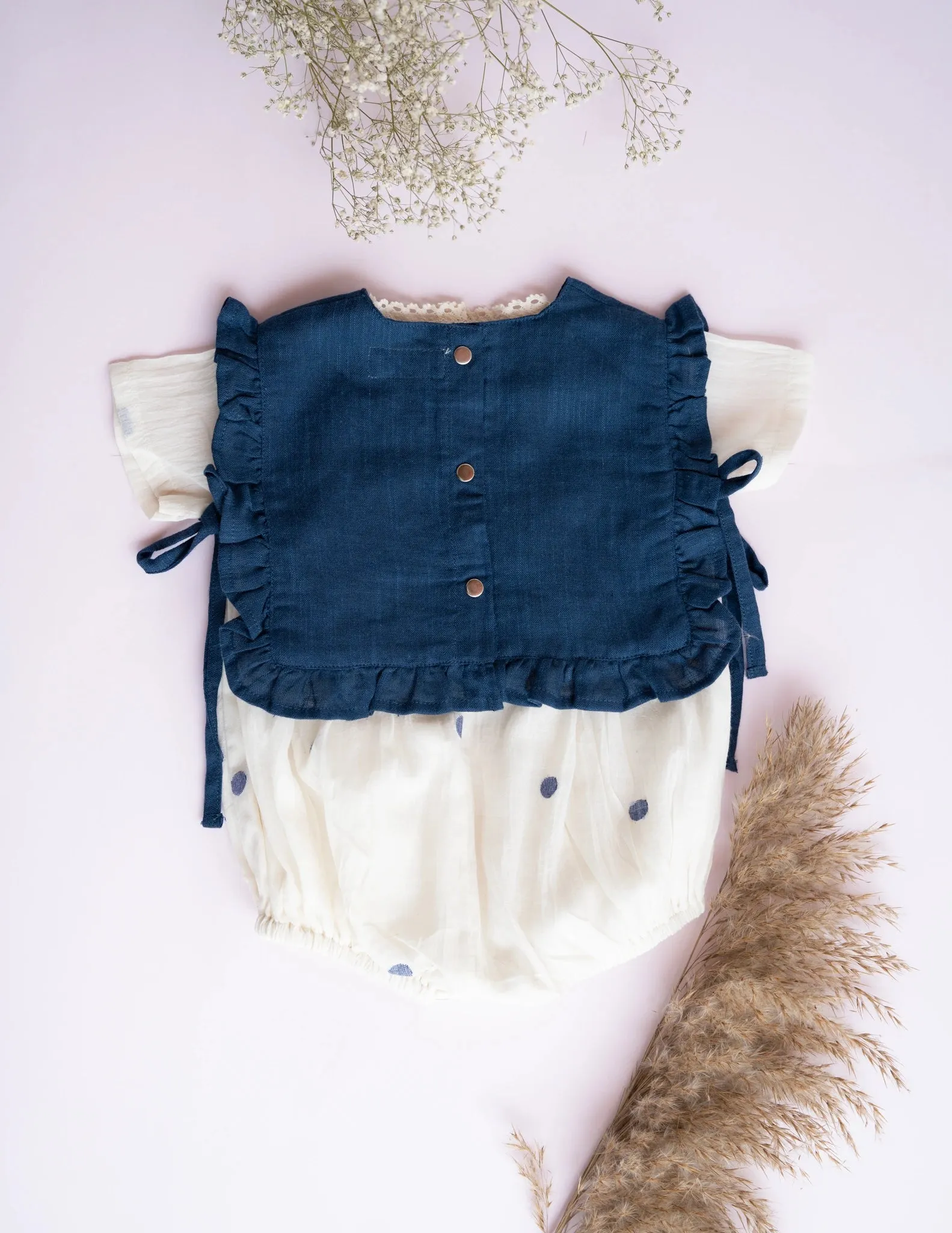 Baby Girl Romper and Detachable Vest | Cotton Jamdani | Polka Dot