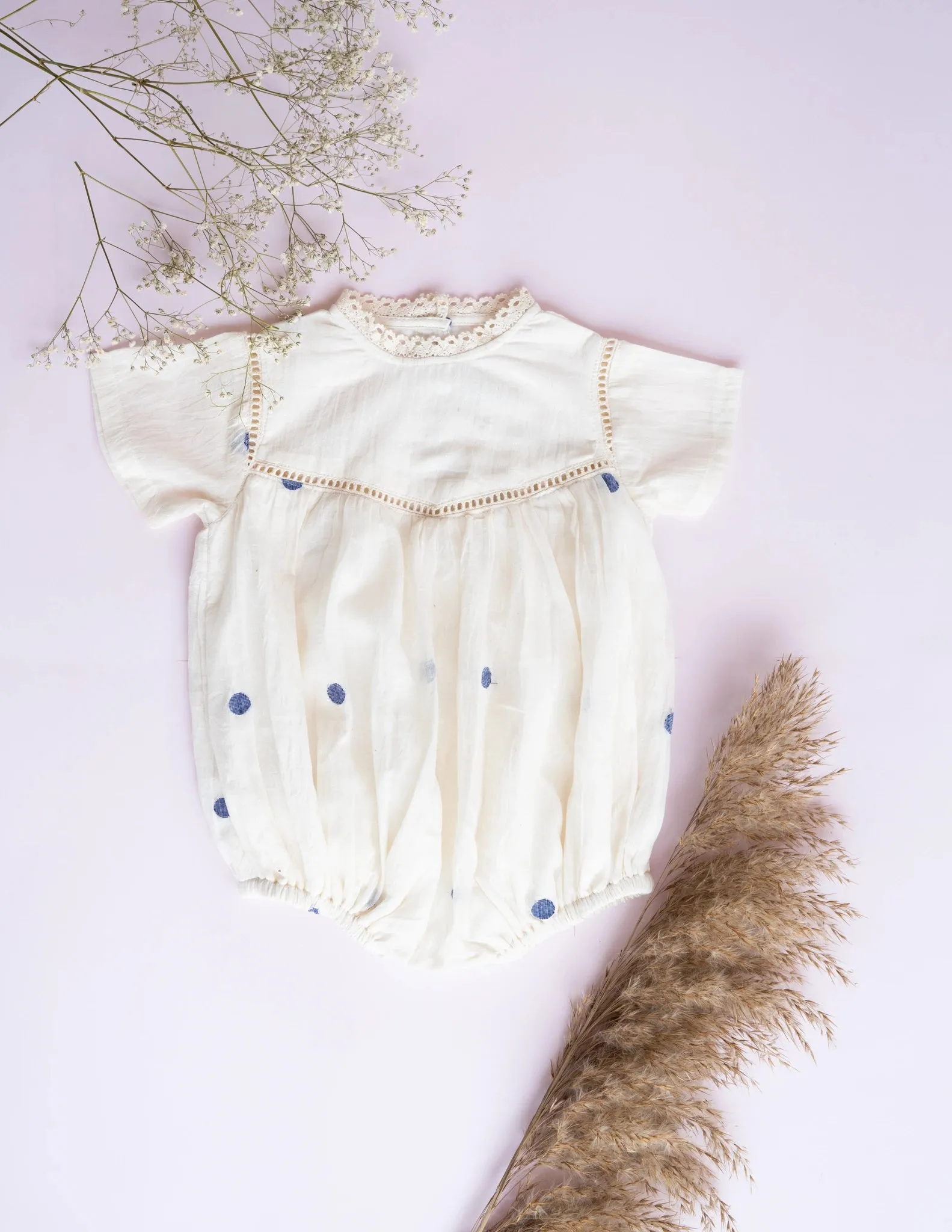 Baby Girl Romper and Detachable Vest | Cotton Jamdani | Polka Dot