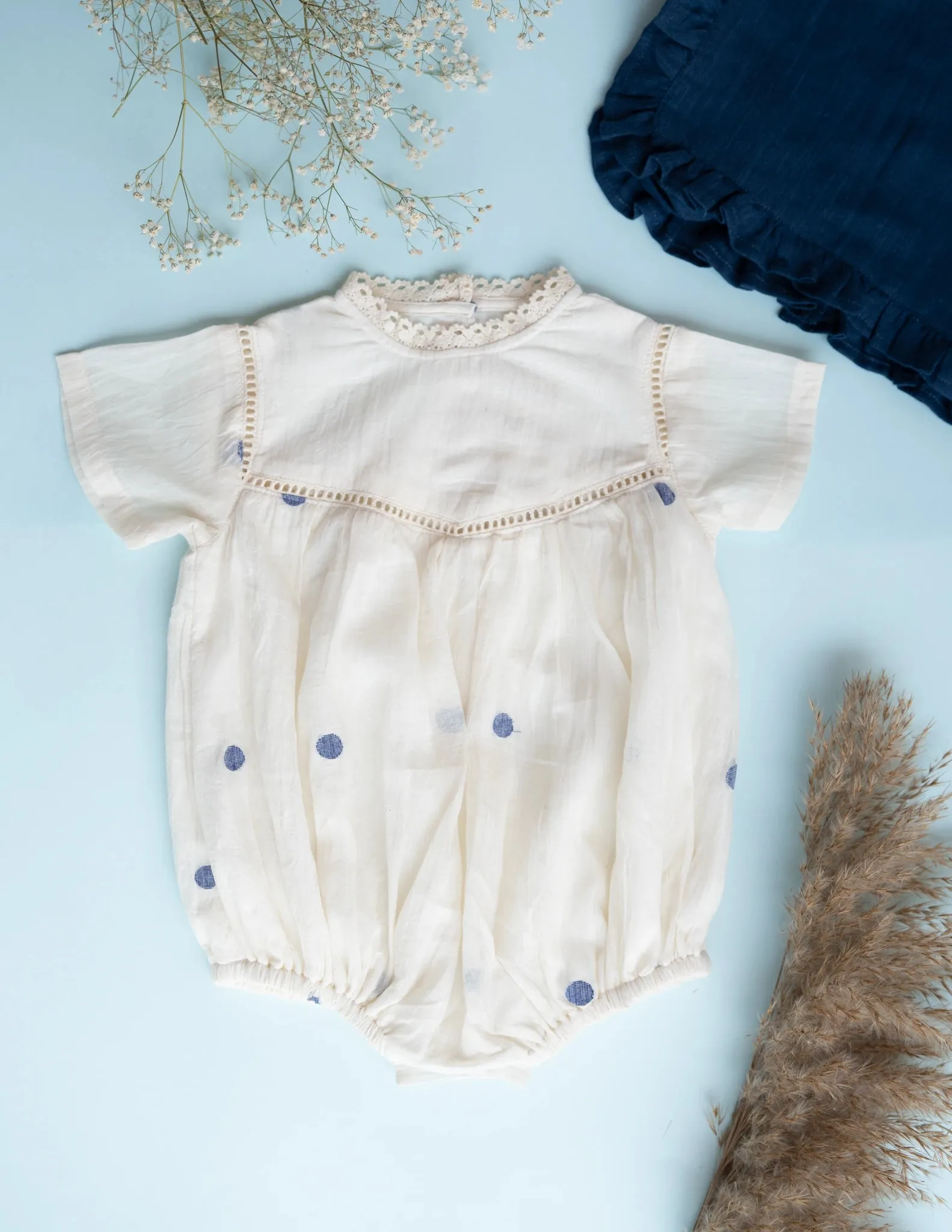 Baby Girl Romper and Detachable Vest | Cotton Jamdani | Polka Dot