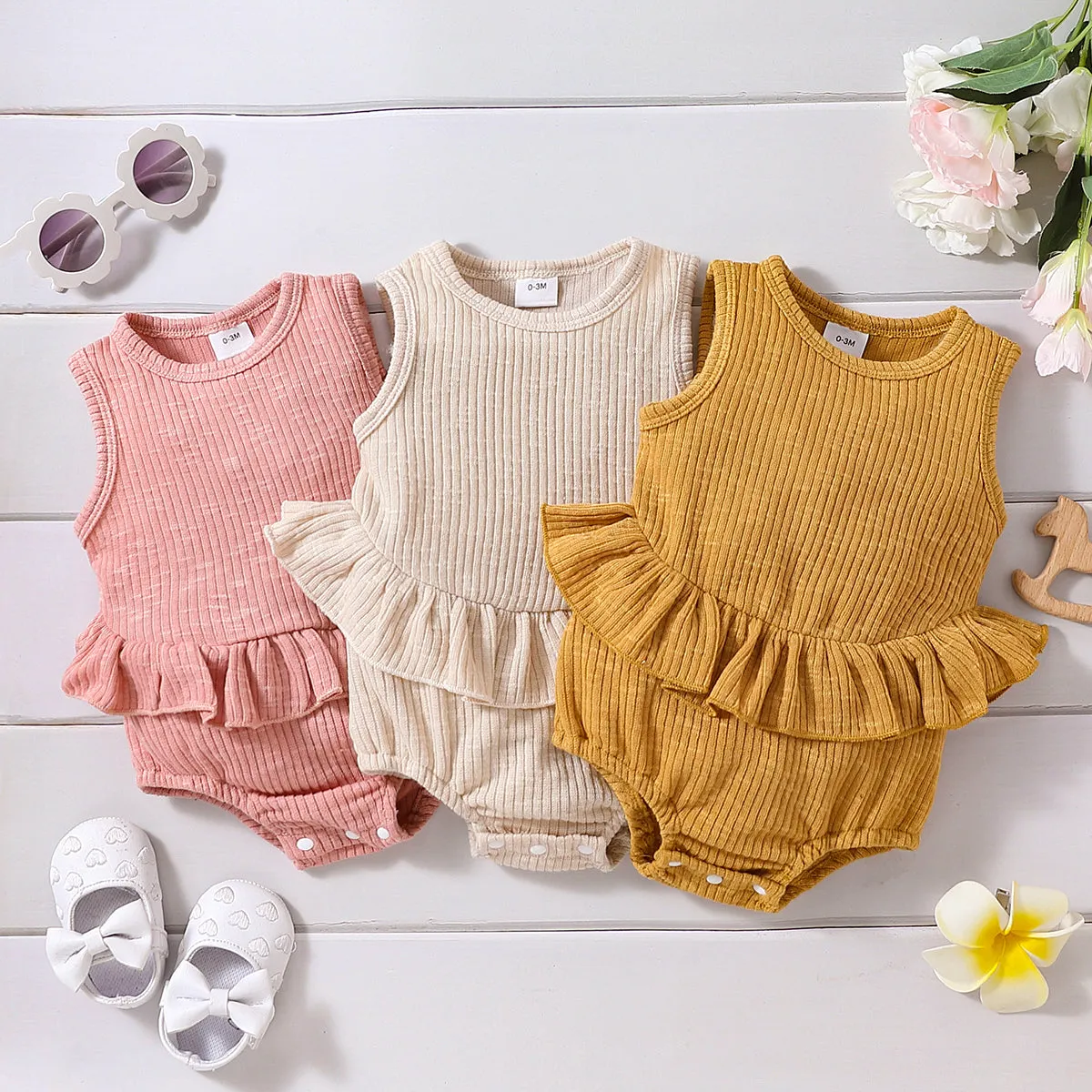 Baby Girl Solid Ribbed Ruffle Trim Tank Romper