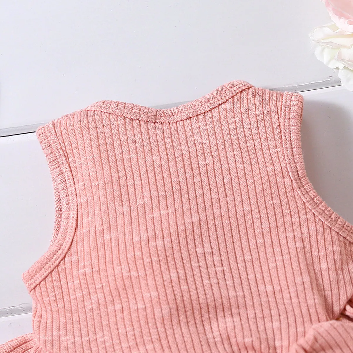 Baby Girl Solid Ribbed Ruffle Trim Tank Romper