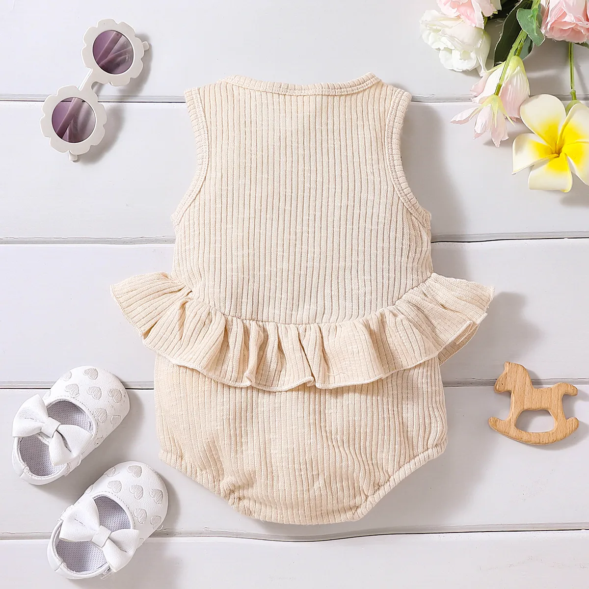 Baby Girl Solid Ribbed Ruffle Trim Tank Romper