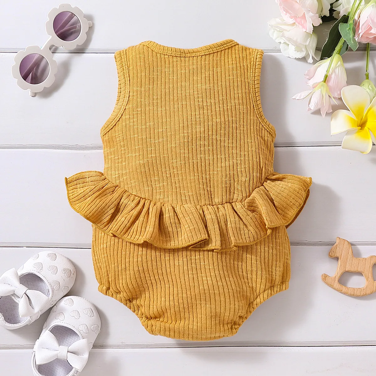 Baby Girl Solid Ribbed Ruffle Trim Tank Romper