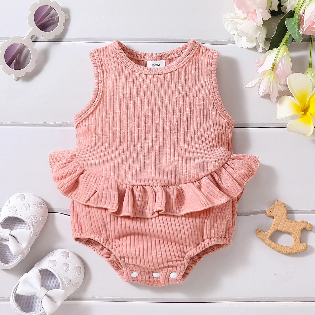 Baby Girl Solid Ribbed Ruffle Trim Tank Romper