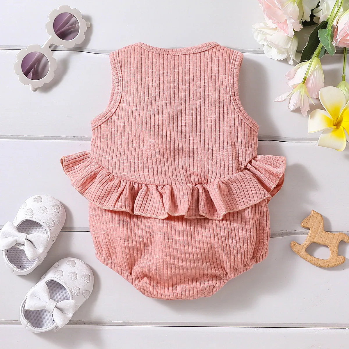 Baby Girl Solid Ribbed Ruffle Trim Tank Romper