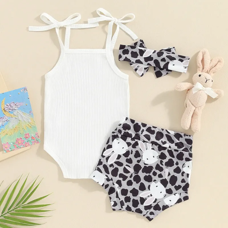 Baby Girl Sunken Stripe Spaghetti Straps Sleeveless Romper Shorts Hair Band Three-piece Set