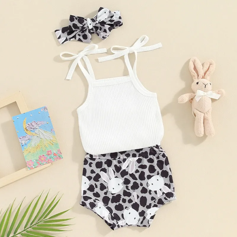 Baby Girl Sunken Stripe Spaghetti Straps Sleeveless Romper Shorts Hair Band Three-piece Set