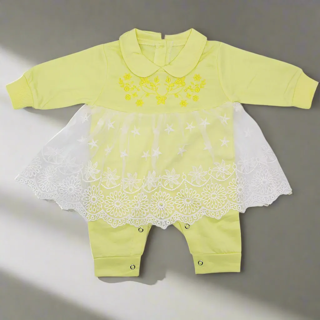 Baby Girl Winter Flower Embroidered Flower Net Frill Frock Romper for 0-12 Months