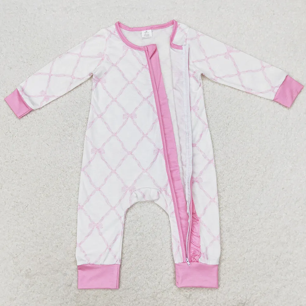 Baby Girls Rompers Pink Bows Zip Ruffle Long Sleeve Bamboo Rompers LR0921