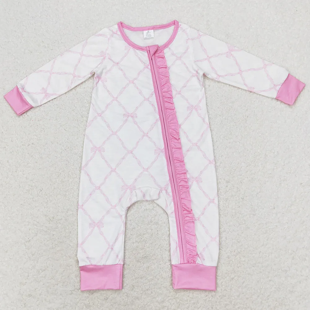 Baby Girls Rompers Pink Bows Zip Ruffle Long Sleeve Bamboo Rompers LR0921