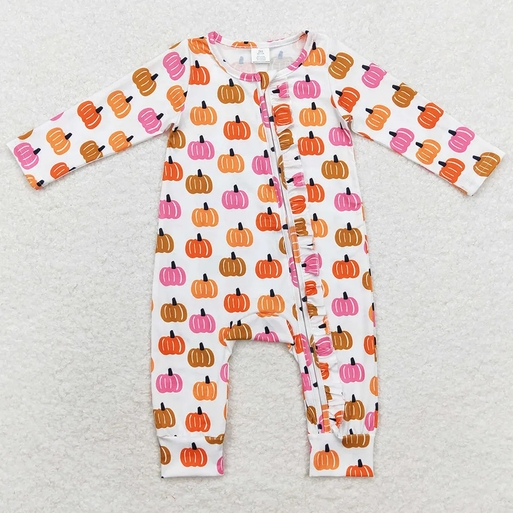 Baby Girls Rompers Pink Orange Pumpkin Long Sleeve Bamboo Zip Rompers LR1219