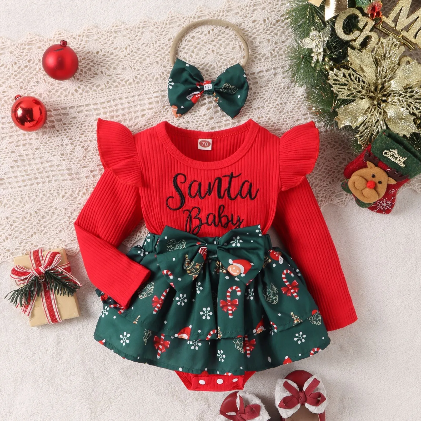 Baby Girls' Santa Baby Romper with Festive Skirt and Bow Headband - Adorable Christmas Outfit