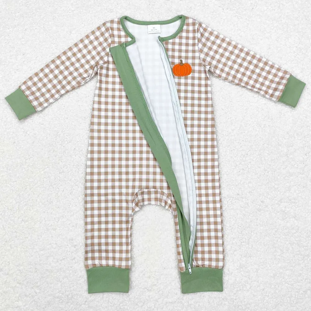 Baby Infant Boys Rompers Fall Checkered Pumpkin Zip Rompers  LR1254